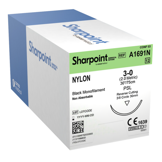 Sharpoint Plus Suture Nylon 3/8 Circle RC 3/0 30mm 75cm