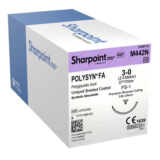 Sharpoint Plus Suture Polysyn FA 3/8 Circle PRC 3/0 24mm 70cm