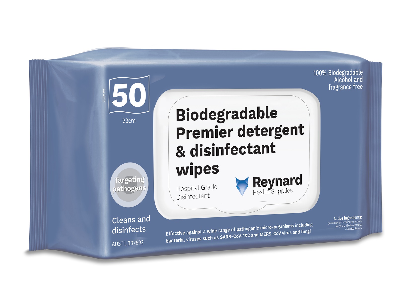 Reynard Biogradable Premier Detergent and Disinfectant Wipes Pkt 50