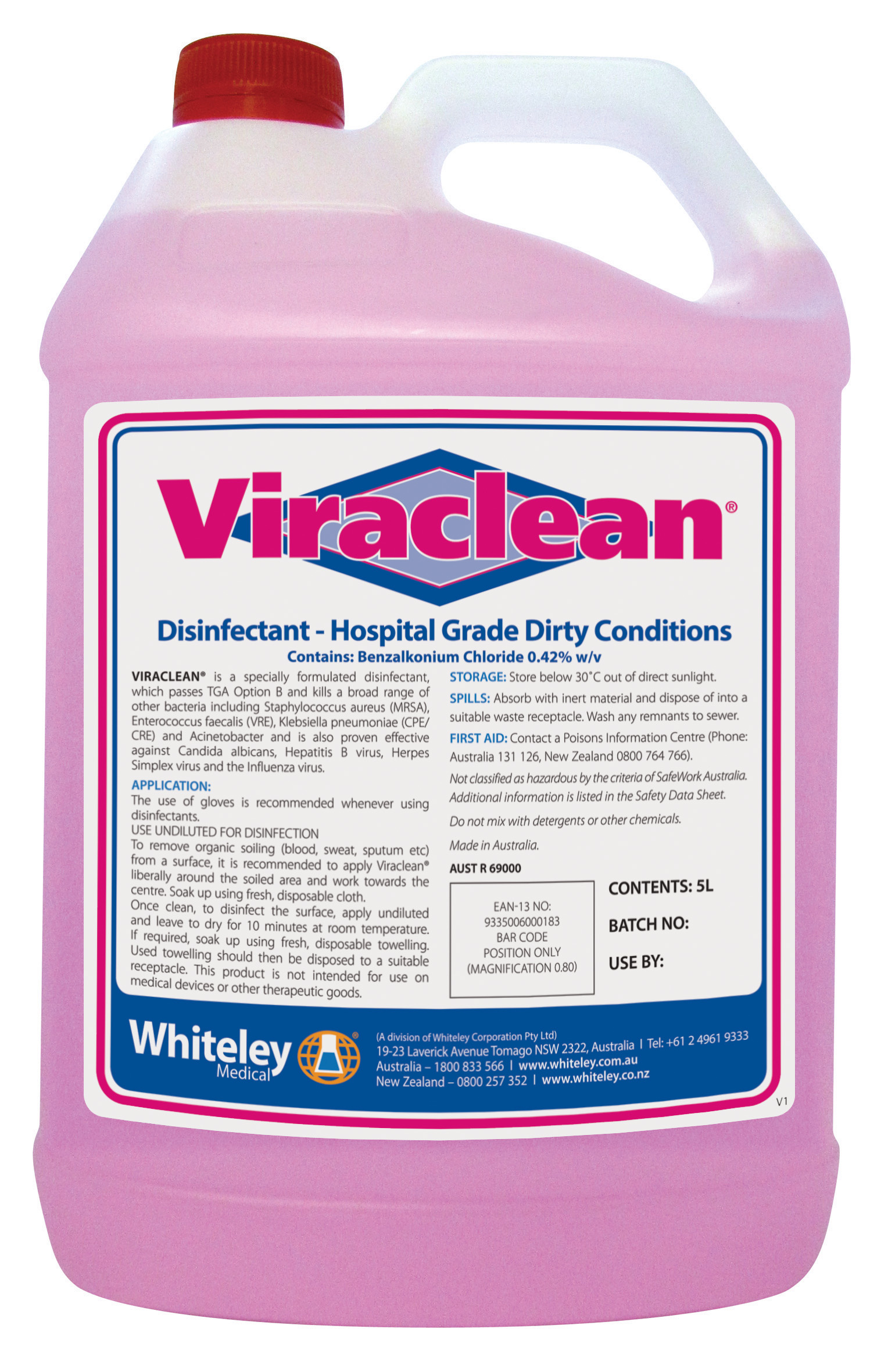 Whiteley Viraclean Hospital Grade Disinfectant 5 litre container