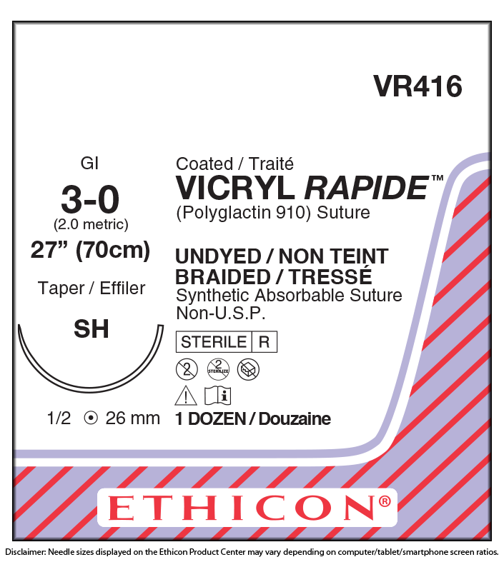 Ethicon Vicryl Rapide Suture 1/2 Circle TP 3/0 SH 26mm 45cm