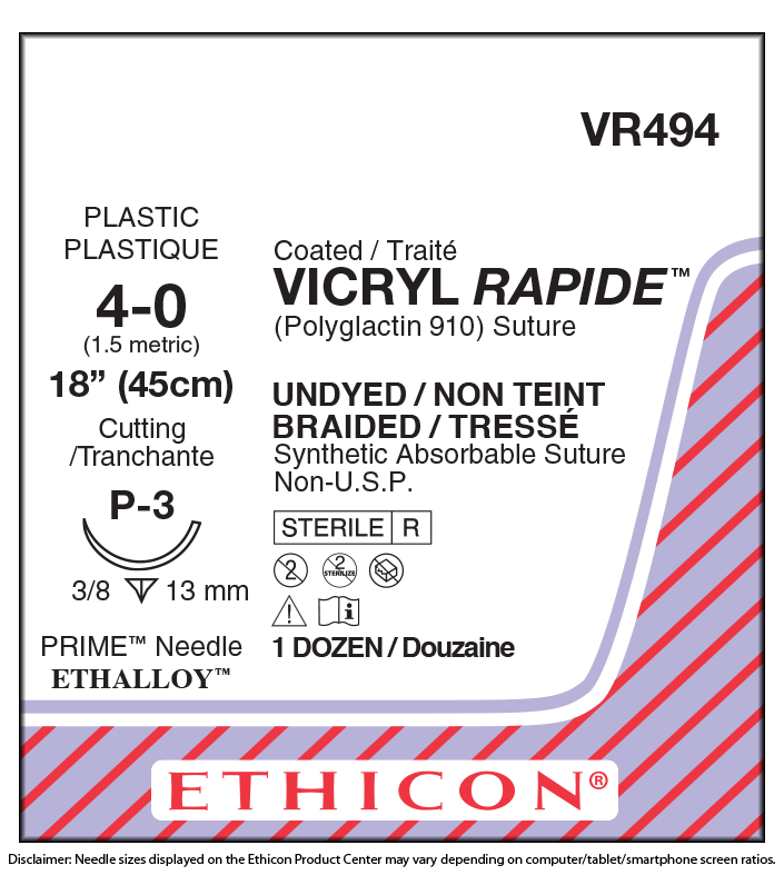Ethicon Vicryl Rapide Suture 3/8 Circle PPRC 4/0 P-3 13mm 45cm