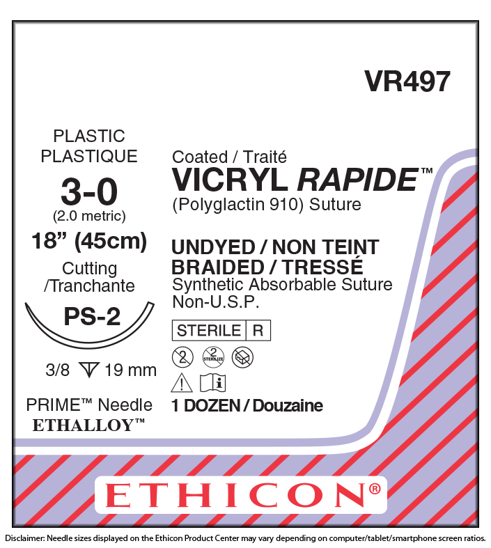 Ethicon Vicryl Rapide Suture 3/8 Circle PPRC 3/0 PS-2 19mm 45cm