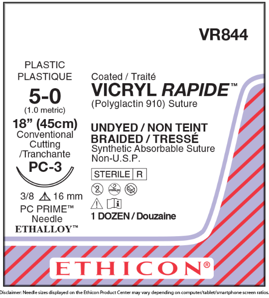 Ethicon Vicryl Rapide Suture 3/8 Circle CCP 5/0 PC-3 16mm 45cm