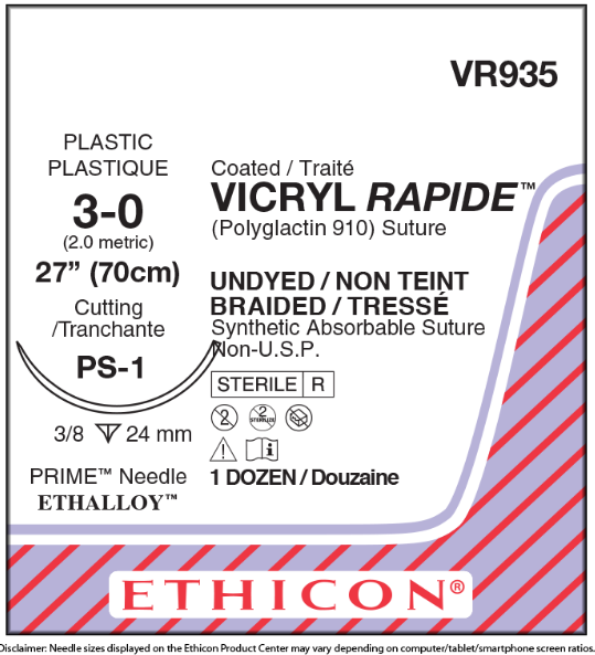 Ethicon Vicryl Rapide Suture 3/8 Circle RC 3/0 24mm 70cm