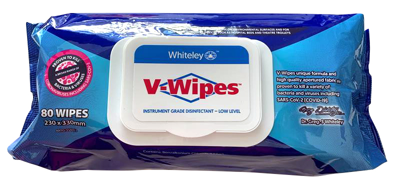 Whiteley Viraclean V-Wipes Hospital Grade disinfectant wipes Flat Pack Pkt 80