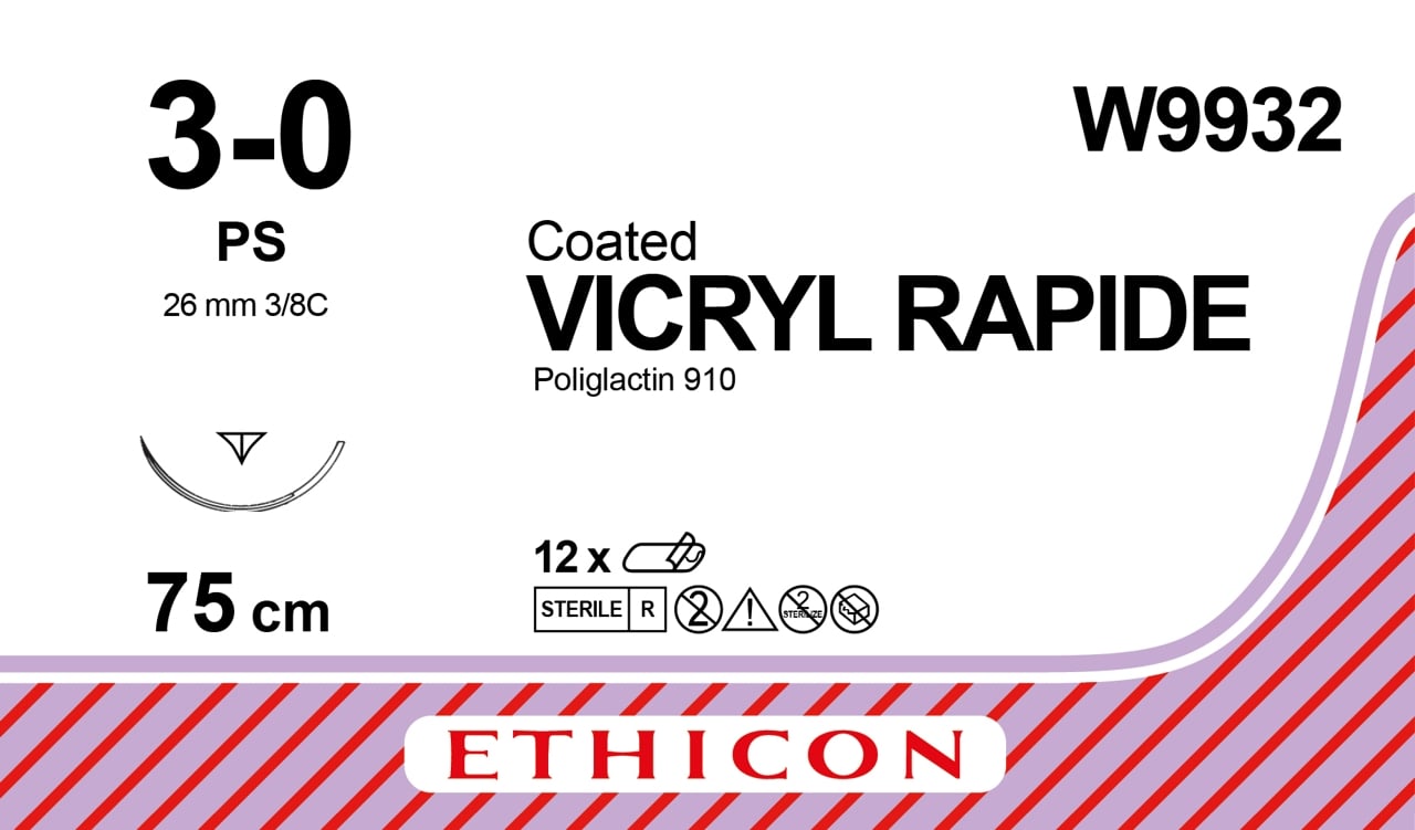 Ethicon Vicryl Rapide Suture 3/8 Circle PPRC 3/0 PS 26mm 75cm