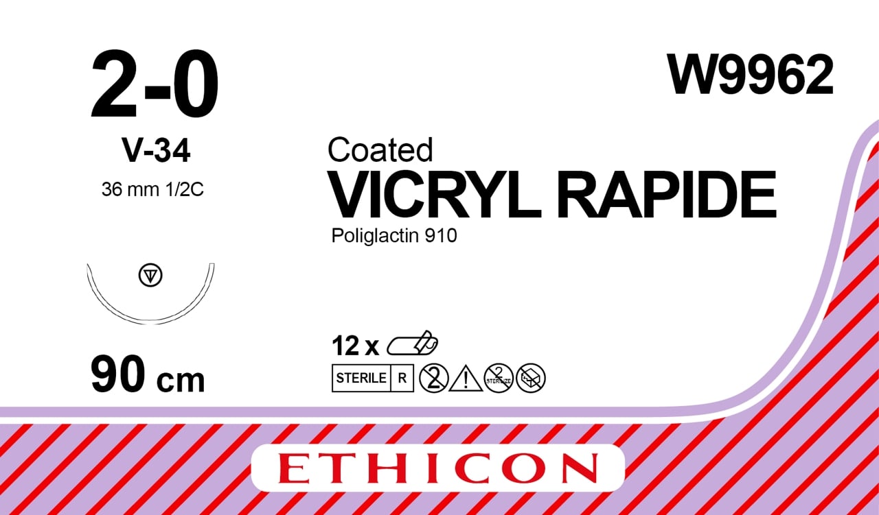 Ethicon Vicryl Rapide Suture 1/2 Circle TC 2/0 V-34 36mm 90cm