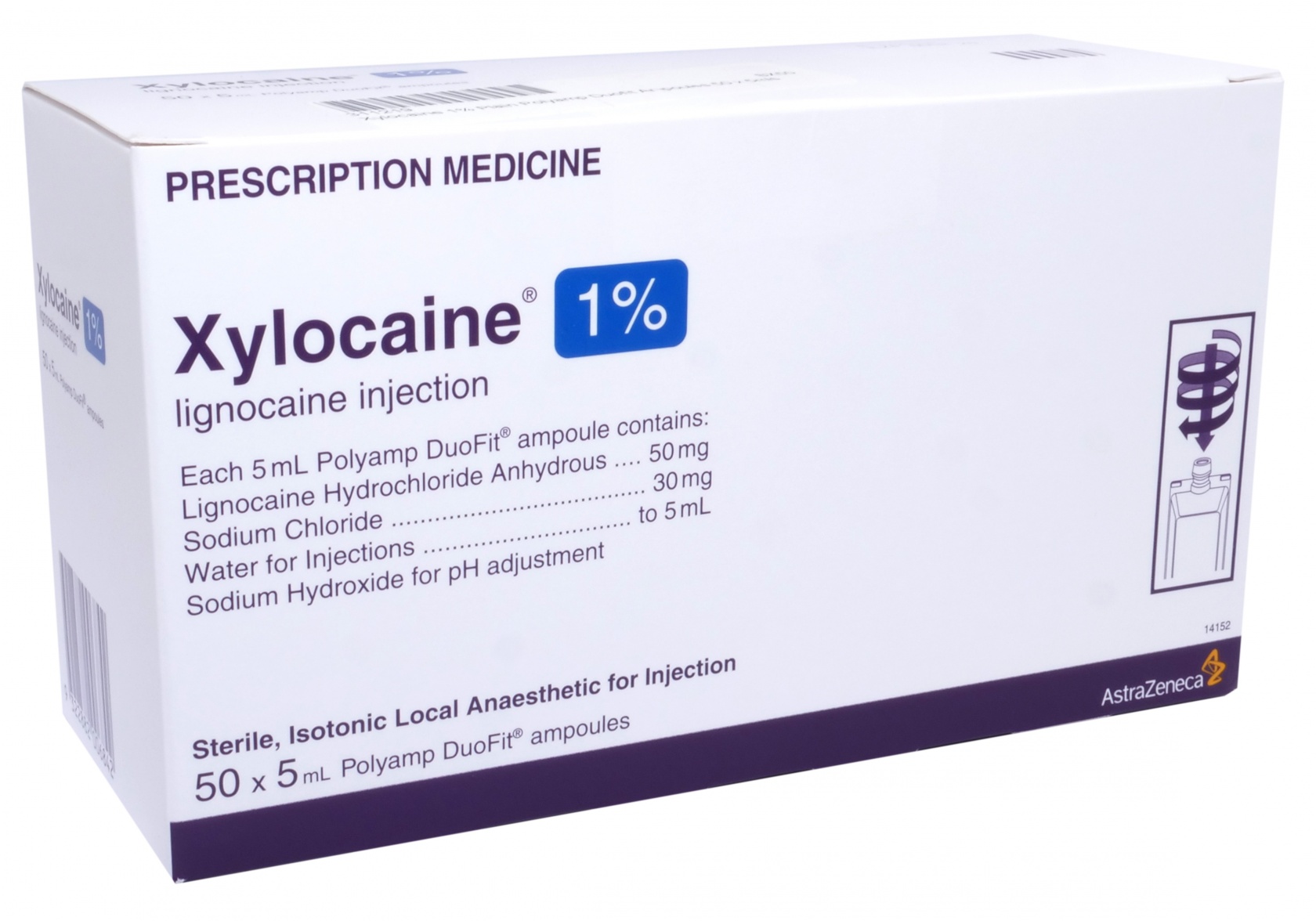 Xylocaine 1% Plain Polyamp Duofit Ampoules 50 x 5mls