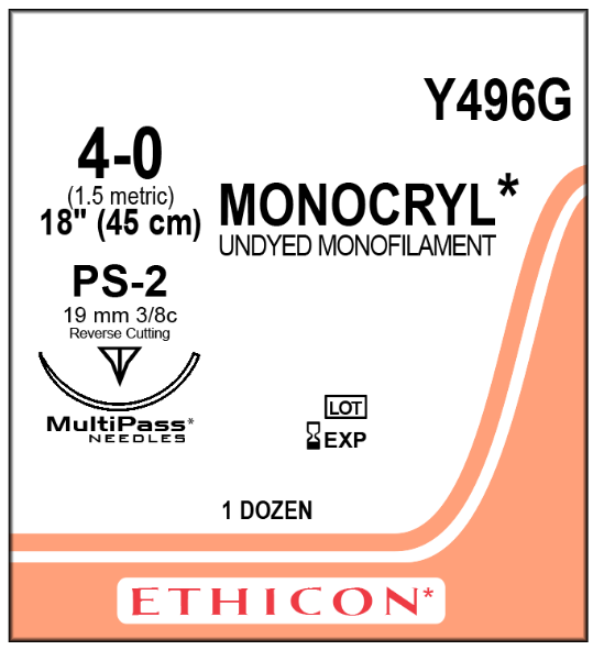 Ethicon Monocryl Suture 3/8 Circle PPRC 4/0 PS2 19mm 45cm