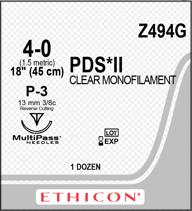 Ethicon Suture PDSII 3/8 Circle PPRC 4/0 P-3 13mm 45cm Undyed