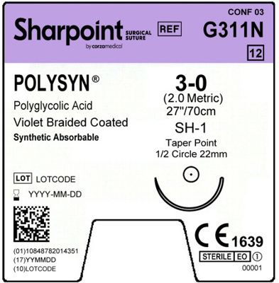 Sharpoint Plus Suture Polysyn PGA 1/2 Circle TP 3-0 22mm 70cm Violet image 1