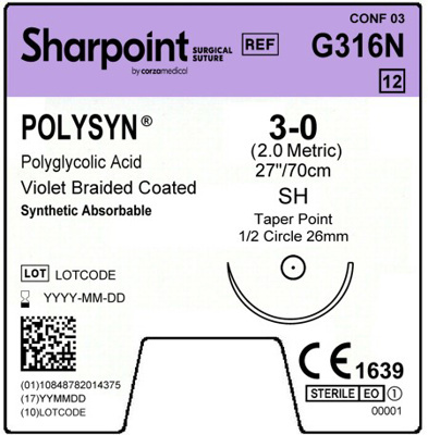 Sharpoint Plus Suture Polysyn PGA 1/2 Circle TP 3-0 26mm 70cm Violet image 1