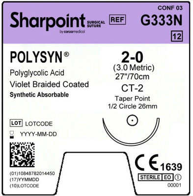 Sharpoint Plus Suture Polysyn PGA 1/2 Circle TP 2-0 26mm 70cm Violet image 1