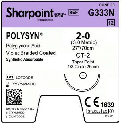 Sharpoint Plus Suture Polysyn PGA 1/2 Circle TP 2-0 26mm 70cm Violet image 1