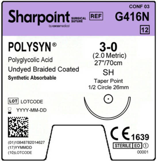 Sharpoint Plus Suture Polysyn PGA 1/2 Circle TP 3-0 26mm 70cm Clear image 1
