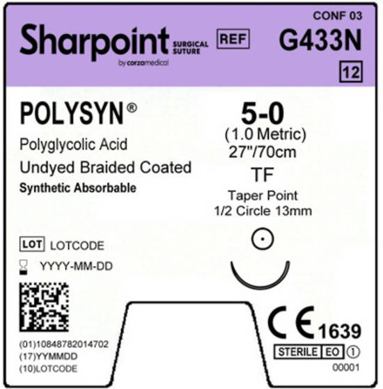 Sharpoint Plus Suture Polysyn PGA 1/2 Circle TP 5-0 13mm 70cm Clear image 1
