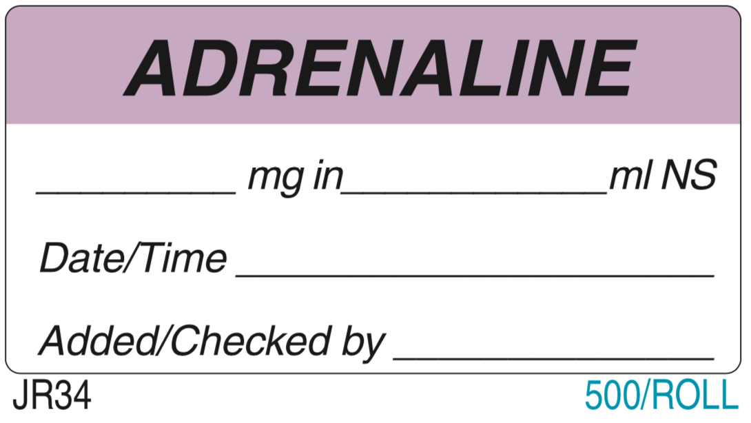 Labels - Adrenaline - mls, date & time and checked by (Purple band) image 0