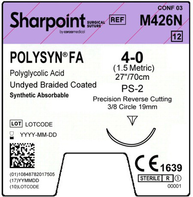 Sharpoint Plus Suture Polysyn FA 3/8 Circle PRC 4/0 19mm 70cm image 1
