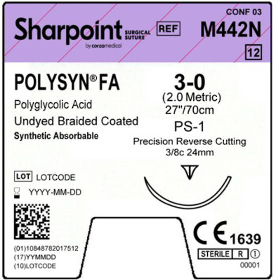 Sharpoint Plus Suture Polysyn FA 3/8 Circle PRC 3/0 24mm 70cm image 1