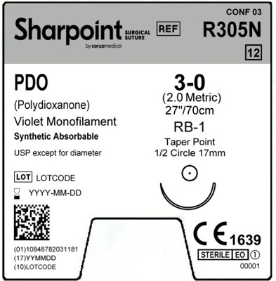Sharpoint Plus Suture PDO 1/2 Circle TP 3/0 17mm 70cm Violet image 1