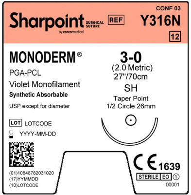 Sharpoint Plus Suture Monoderm 1/2 Circle TP 3/0 26mm 70cm Violet image 1