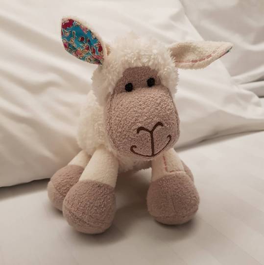 Lamb Teddy with Pink Stitching.