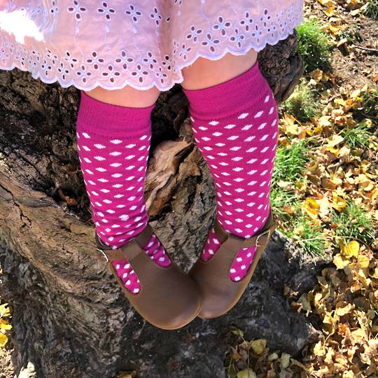Long Merino Stripe Baby Socks - pink with white dots