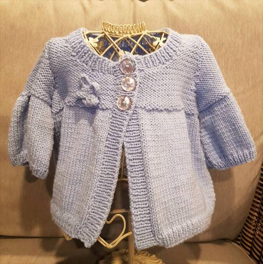 Light Blue 3/4 Sleeve Cardigan with Flower - 6 - 12 months