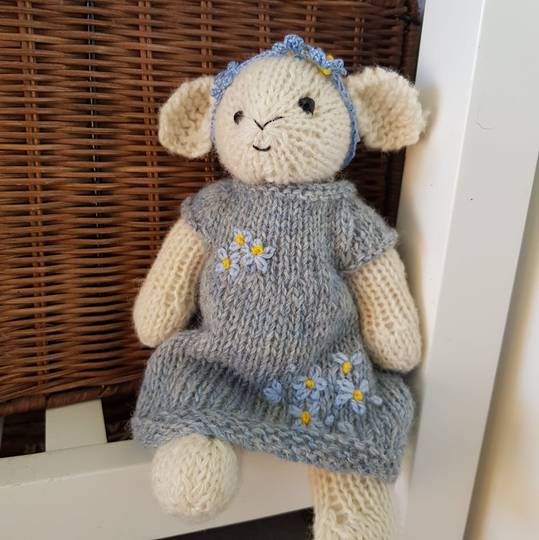 Wool Lamb Teddy - blue dress and blue flowers