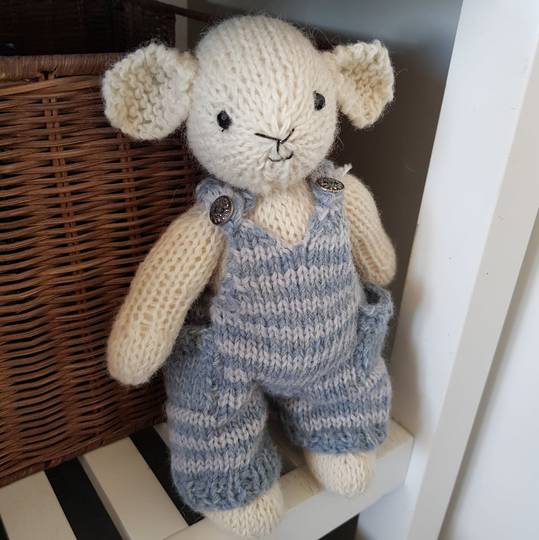 Wool Lamb Teddy - blue stripe overalls