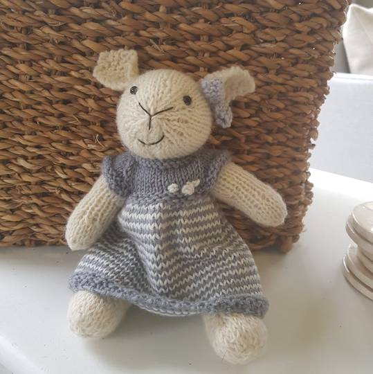 Wool Lamb Teddy - grey stripe dress with a bow