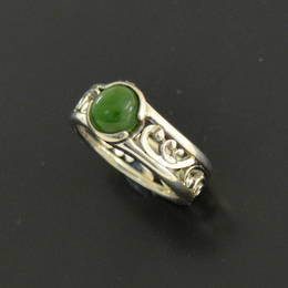 R349 Koru Engagement ring set with Pounam NZ Greenstone in white gold with a carved koru band