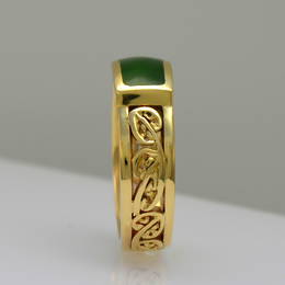R351KOWHI  Wedding ring with carved  kowhaiwhai design, Pounamu, NZ Greenstone and gold.