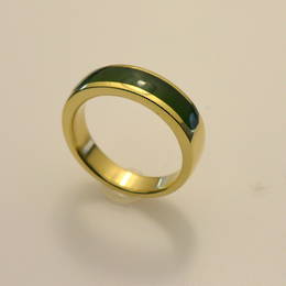 R286L Mens or Ladies wedding ring set with Pounamu, NZ greenstone,  in 9ct. yellow Gold.