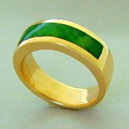 Mens wedding ring, NZ greenstone, Pounamu, and 9ct. Gold.   Style R286