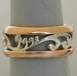 R278 Kowhai and Koru band in Stg.Silver and Rose Gold