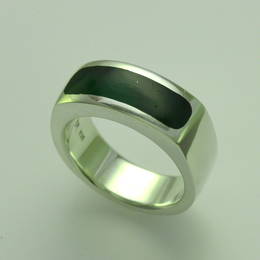 Mens ring , style R286H set with Pounamu, NZ Greenstone in a Stg.Silver band.
