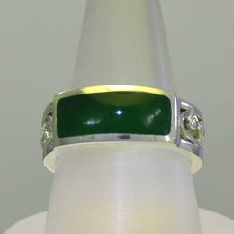 R351KRU Wedding ring with carved koru design, Pounamu, NZ Greenstone and Stg.Silver.