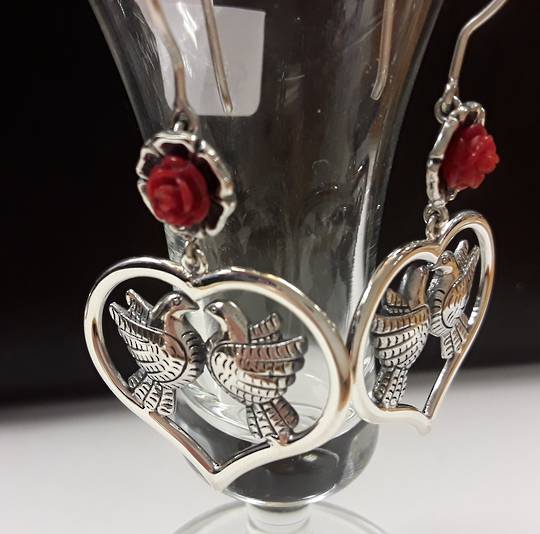 Frida Kahlo Inspired Doves, with Coral Roses and Heart Ear Studs