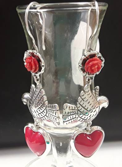 Frida Kahlo Inspired Doves, with Coral Roses and Red Heart Earrings