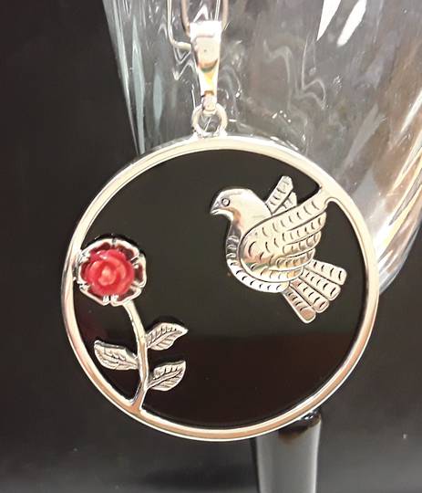 Frida Kahlo Inspired Dove and Coral Rose on Onyx Pendant