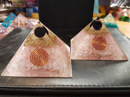 Black Obsidian Ball with Rose Quartz Orgonite Pyramid