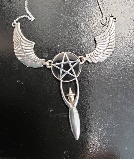 Sterling Silver Wings with Pentagram and Witch Necklace