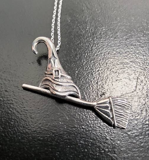 Sterling Silver Witch's Hat and Broom Necklace