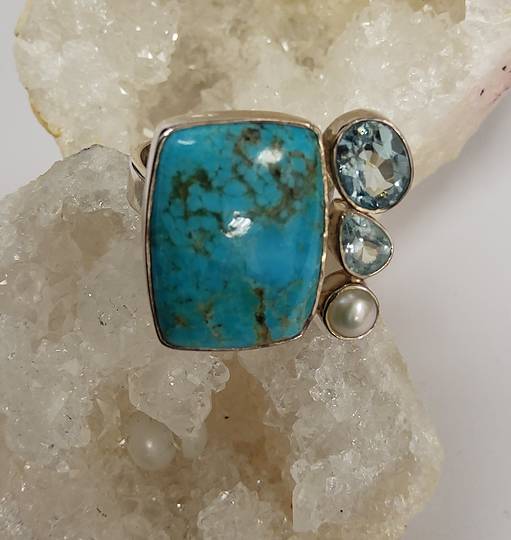 Sterling Silver Turquoise Topaz and Pearl Ring