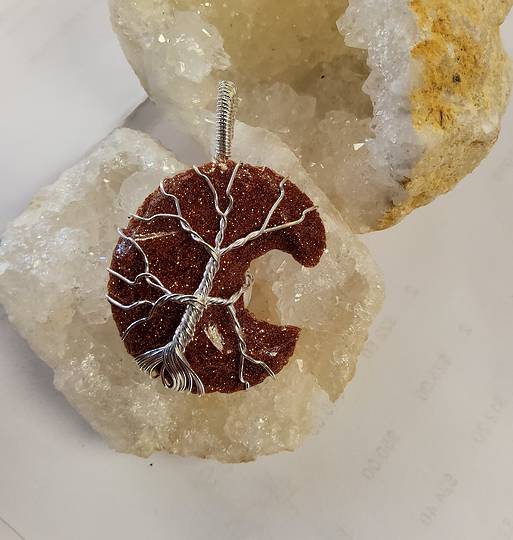 Goldstone Crystal Moon Tree Pendant