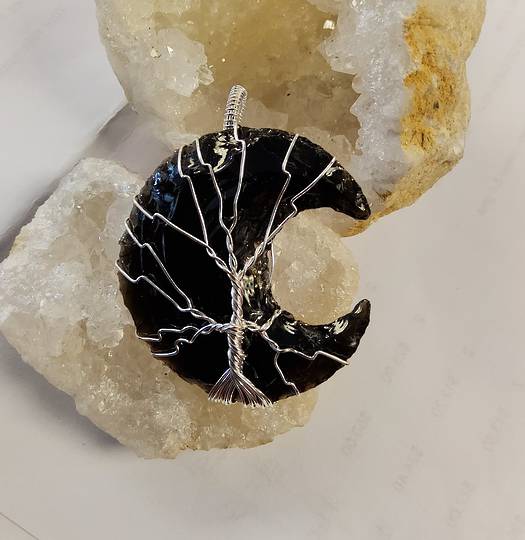 Obsidian Crystal Moon Tree Pendant