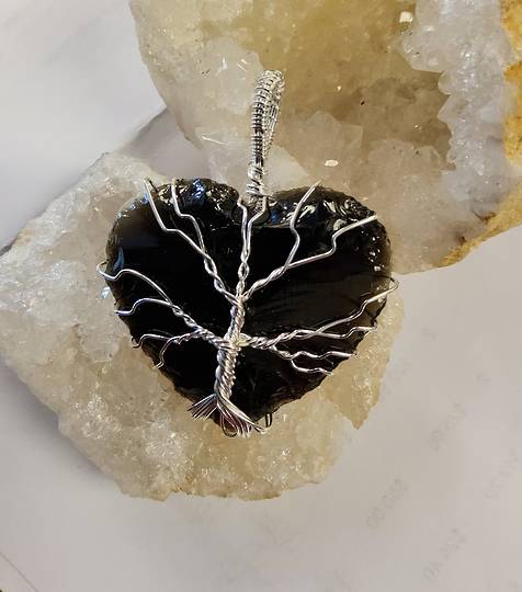 Obsidian Crystal Heart Tree Pendant