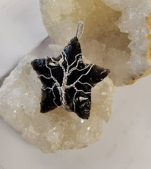 Obsidian Crystal Star Tree Pendant
